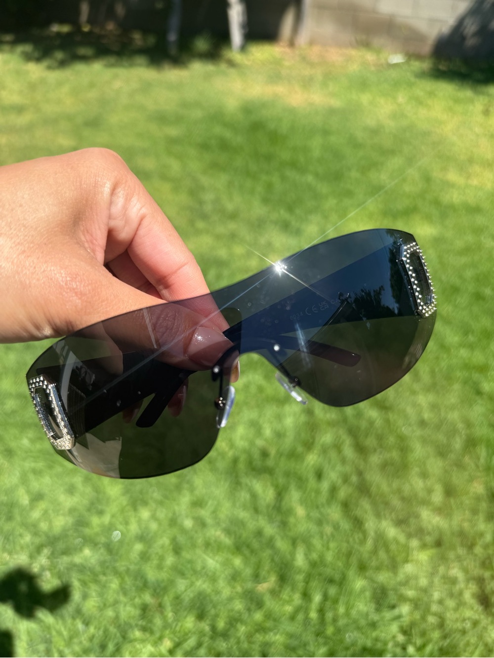 Y2K Rhinestone Accent Black Shield Sunglasses - Women